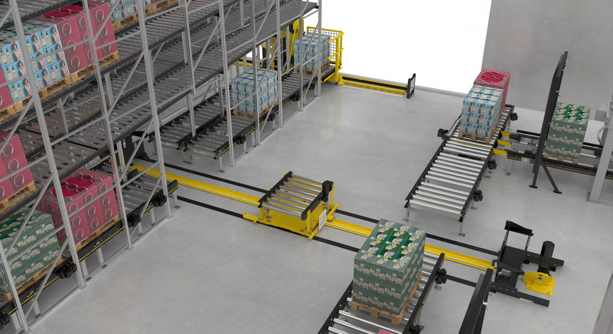 Interroll uzupełnia platformę MPP (Modular Pallet Conveyor Platform) o układnicę i wózek transportujący